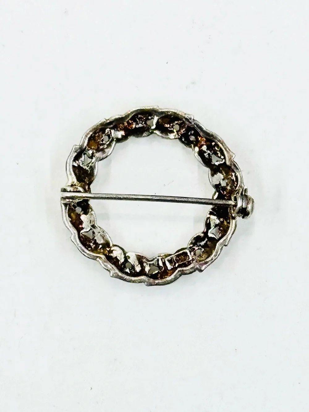 Vintage Sterling Silver Marcasite & Pearl Wreath Circle Brooch 1.25” Round